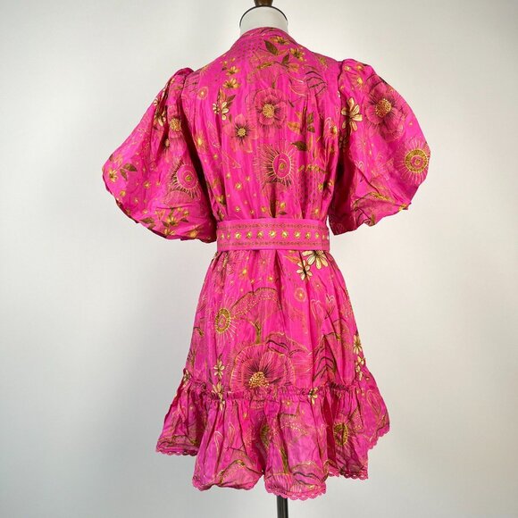 NWOT Farm Rio x Anthropologie Beaded Belt Puff Sleeve Pink Mini Dress Sz M - Picture 6 of 12